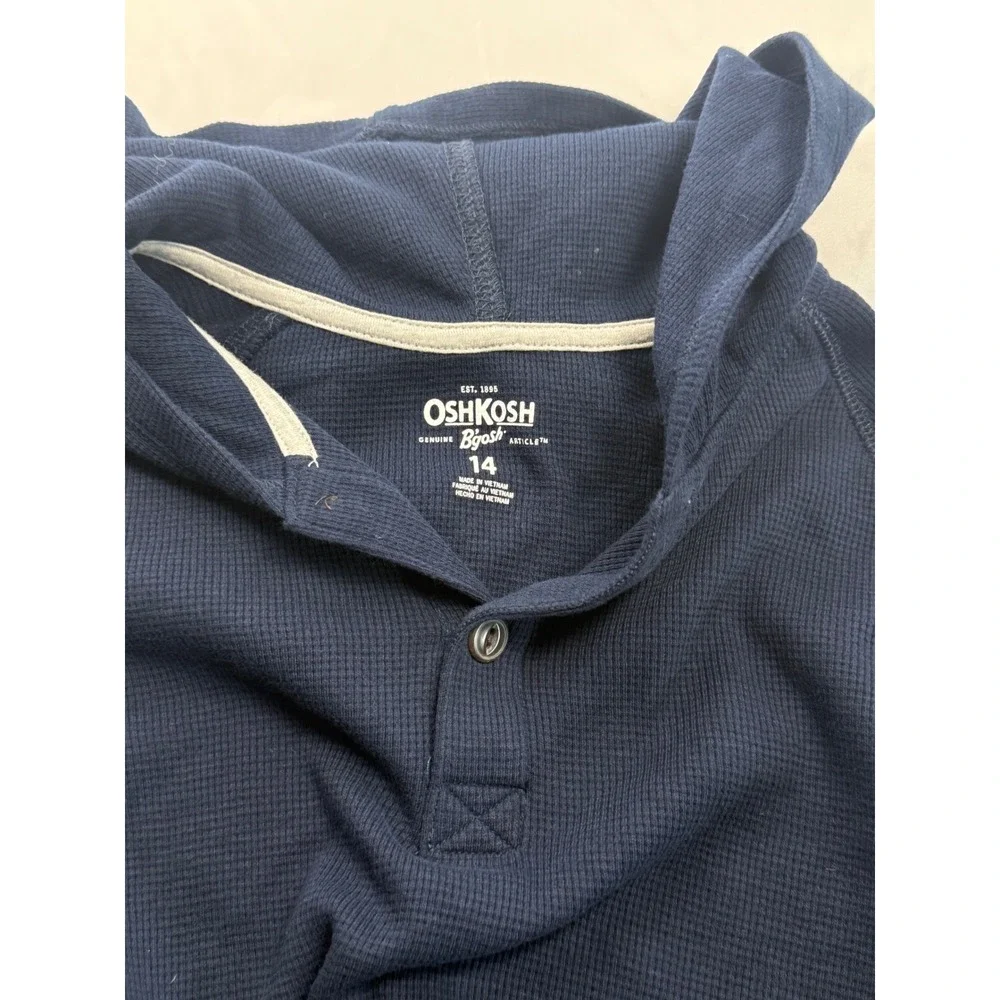 OshKosh B'gosh Boys Navy‎ Blue Waffle Knit Thermal Henley Hoodie Size 14 NWT